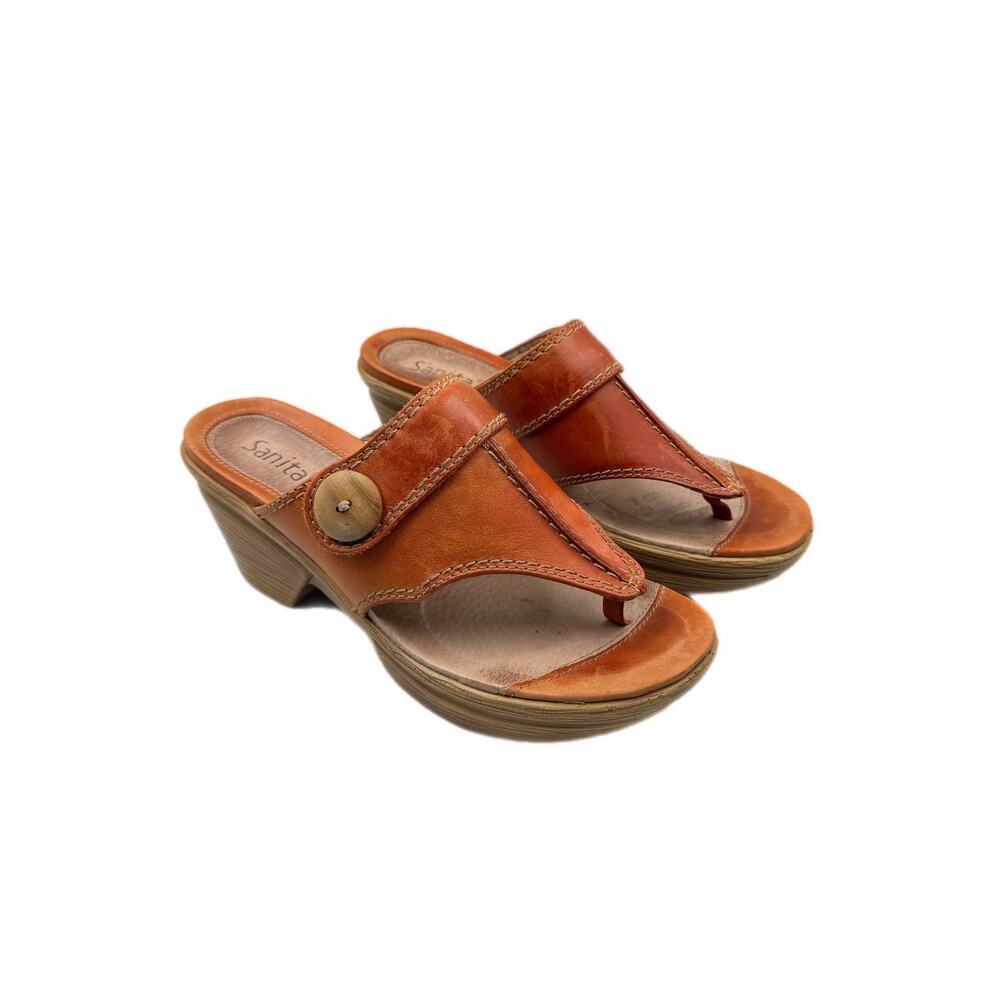 Sanita EU 37 Cognac Leather Slip On Button Side Heeled Clog Summer Sandals